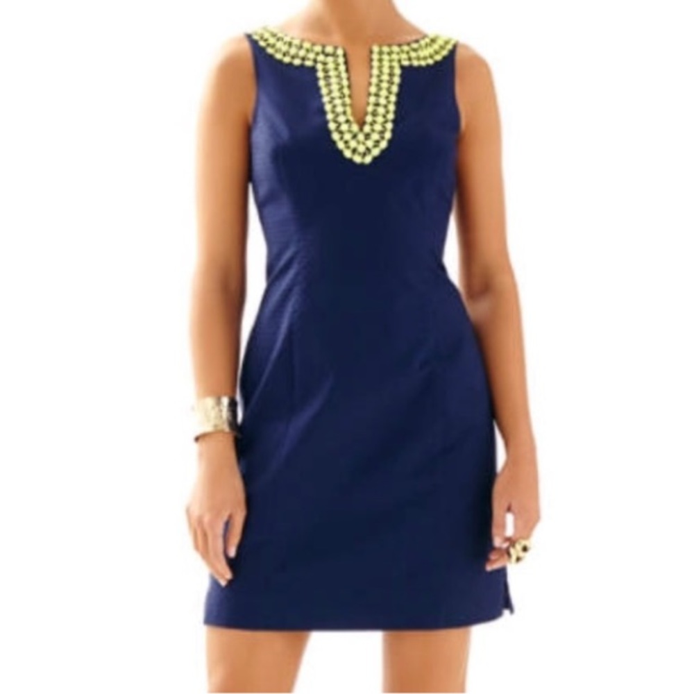 Lilly Pulitzer Blaire Sheath Dress in True Navy with Neon Yellow Embellishment
